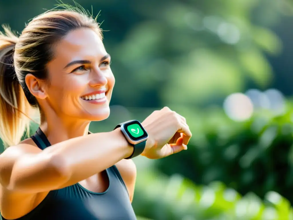 Una mujer sonriente, usando un smartwatch futurista con métricas de salud, se ejercita al aire libre entre exuberante vegetación