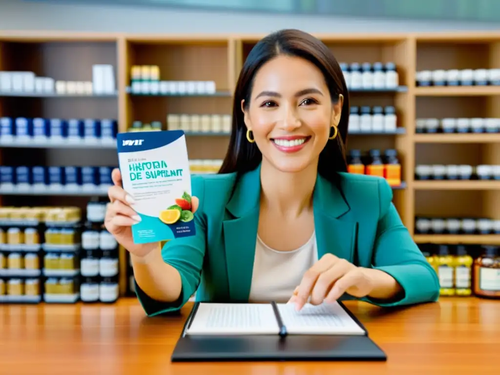 Una mujer sonriente señala suplementos inmunidad salud mental en su oficina luminosa