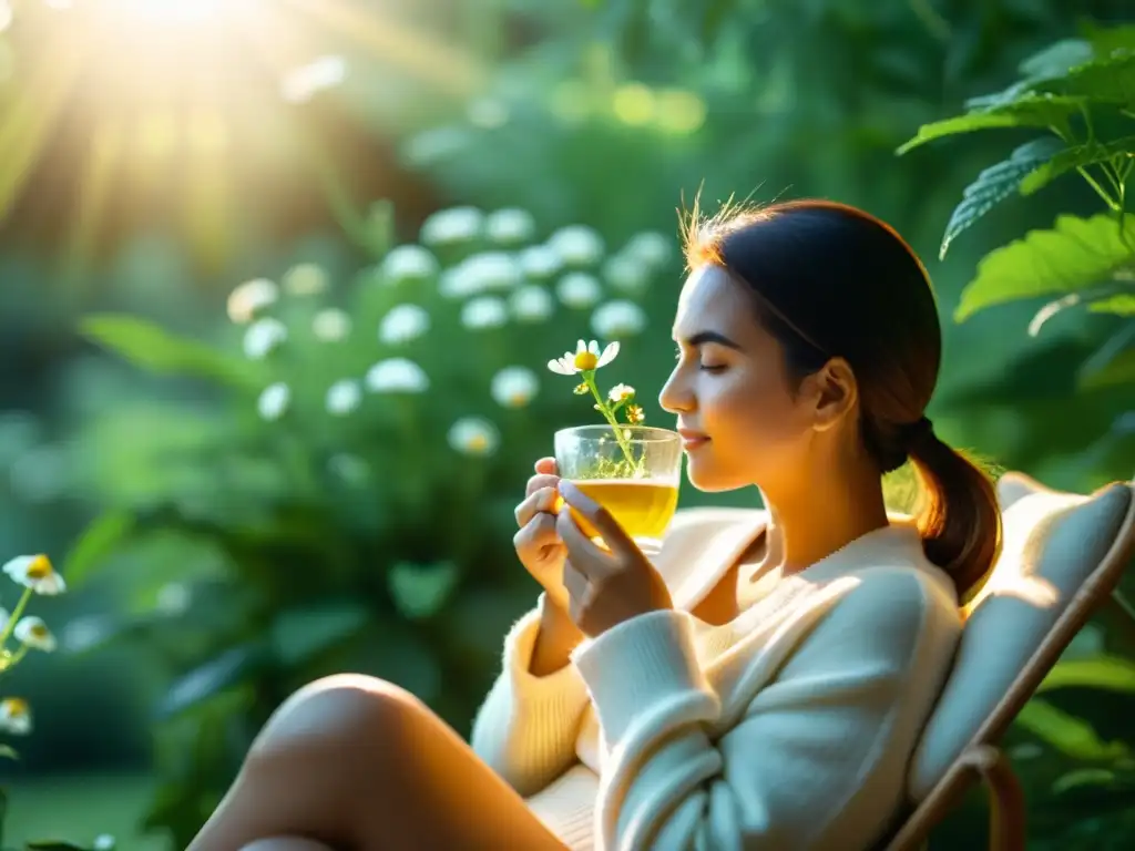 Una mujer disfruta de una taza de té de manzanilla rodeada de vegetación exuberante, transmitiendo calma y bienestar