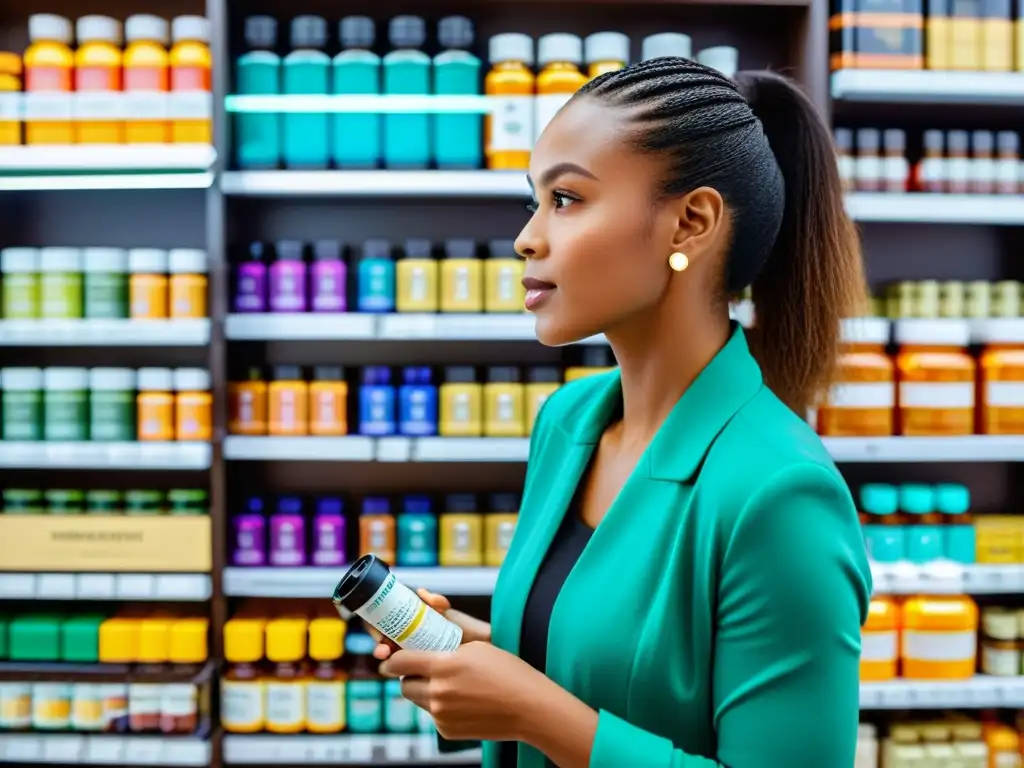 Una mujer examina detalladamente vitaminas y minerales en una tienda moderna, transmitiendo empoderamiento y decisión informada