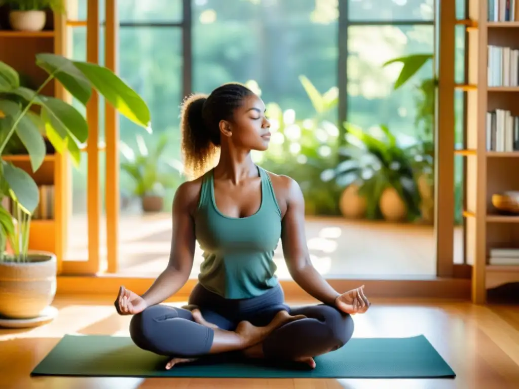 Una mujer practicando yoga en un ambiente tranquilo y soleado, rodeada de plantas verdes