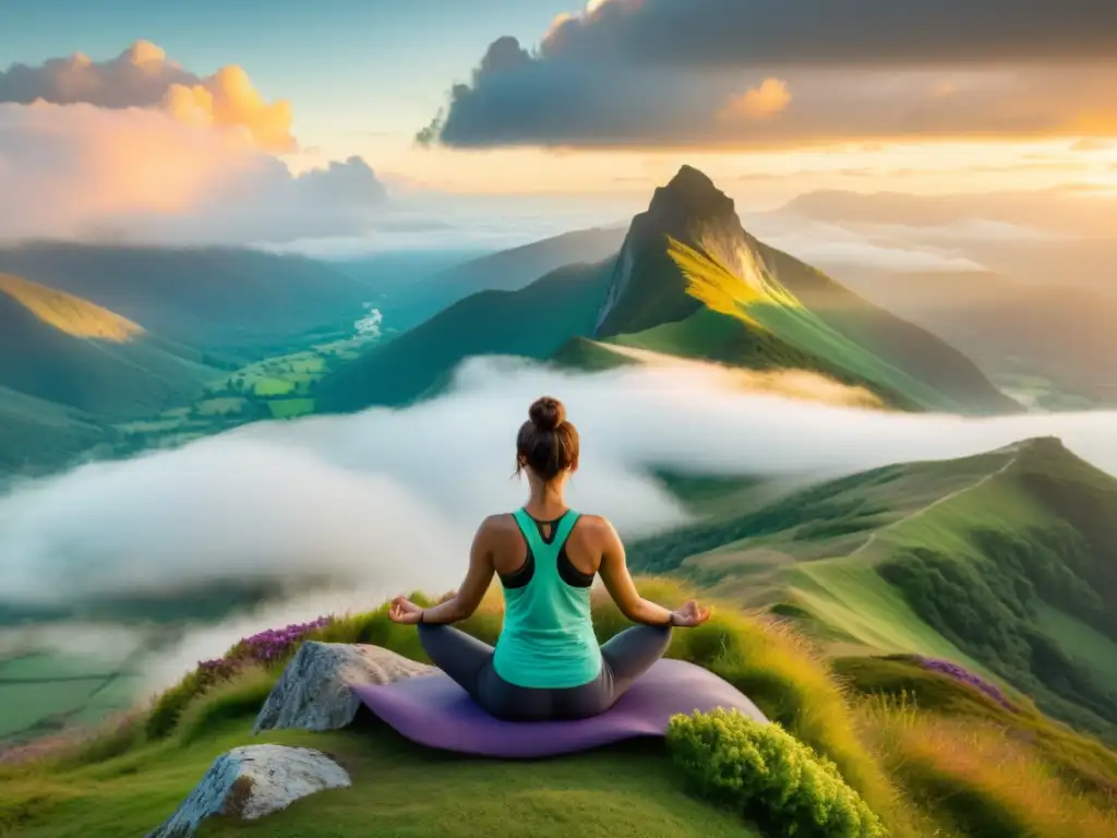 Yoga al amanecer: paz y fortaleza en la montaña Mujer practicando yoga al amanecer en la cima de una montaña verde, rodeada de nubes y bañada por la cálida luz del sol