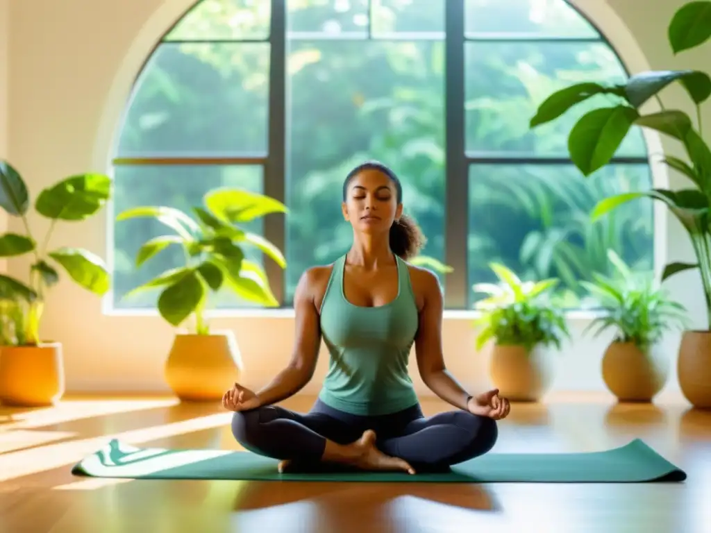 Una mujer practicando yoga en un estudio luminoso, rodeada de plantas verdes exuberantes