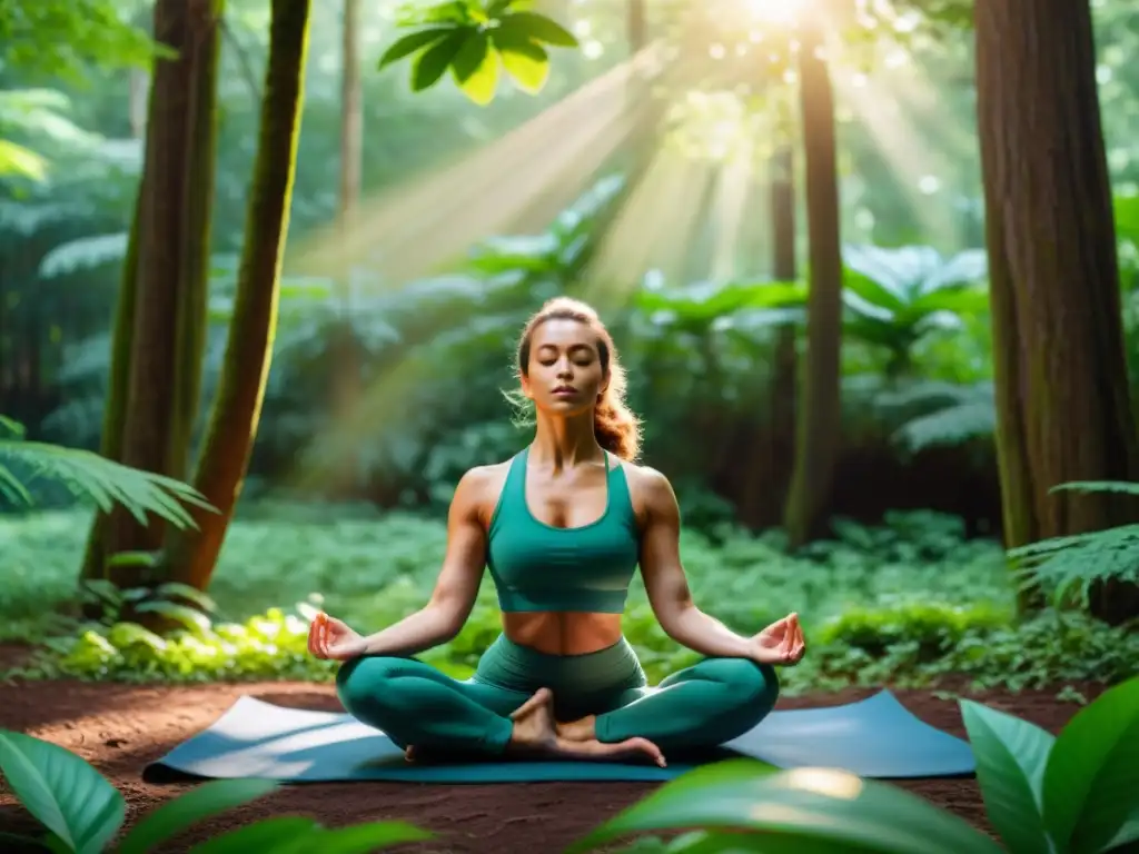 Una mujer practicando yoga en un exuberante bosque, irradiando calma y fuerza