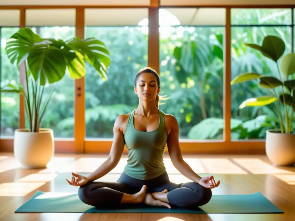 Una mujer practicando yoga en una habitación bañada por el sol, rodeada de plantas verdes, transmitiendo fuerza y serenidad