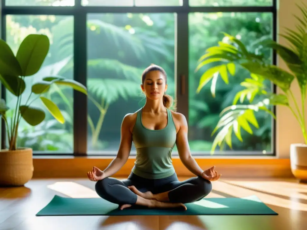 Una mujer practicando yoga en una habitación soleada, rodeada de plantas verdes