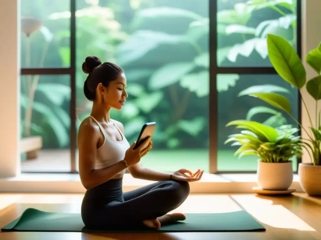 Una mujer practicando yoga rodeada de plantas verdes en una habitación iluminada por el sol, con una aplicación de salud y bienestar en su celular