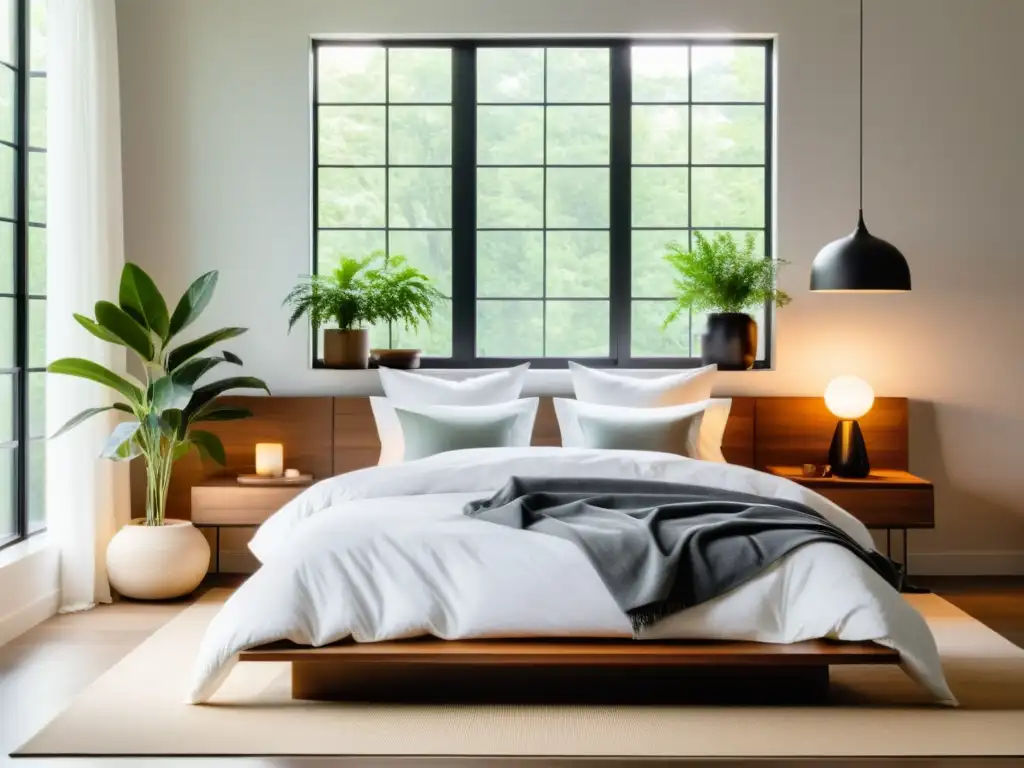 Habitación moderna, iluminación natural suave, cama ordenada con sábanas blancas