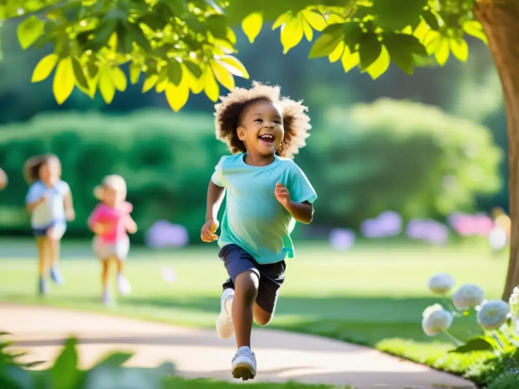 Niño jugando al aire libre en un parque verde y vibrante, rodeado de árboles y flores