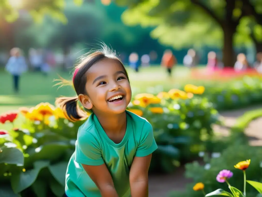 Niño jugando al aire libre en un parque vibrante rodeado de naturaleza y otros niños