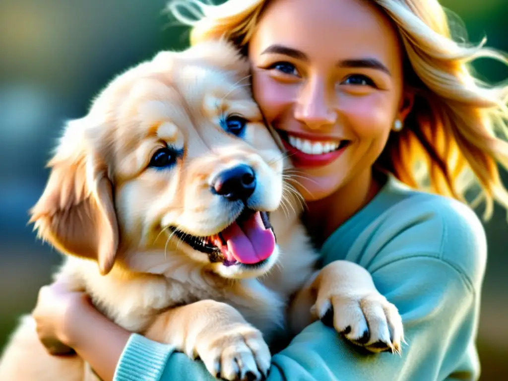 Un niño abraza a un cachorro dorado, ambos con sonrisas radiantes, transmitiendo alegría y amor