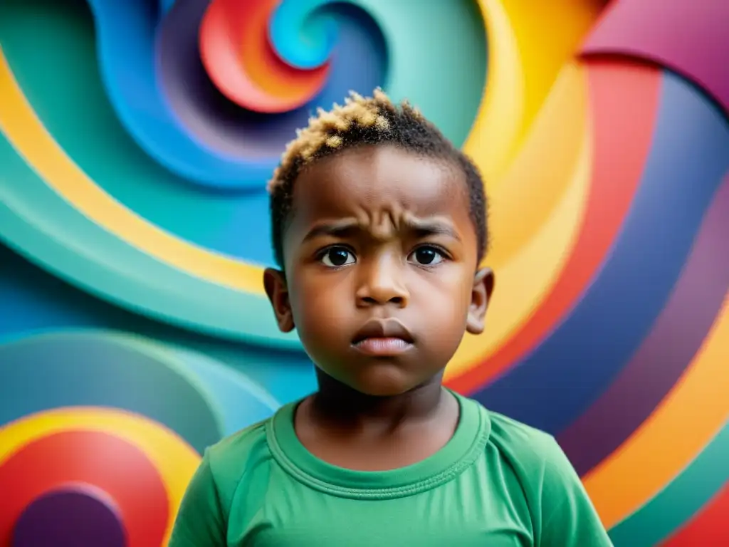 Un niño desafiante enfrenta un torbellino de colores, simbolizando la superación