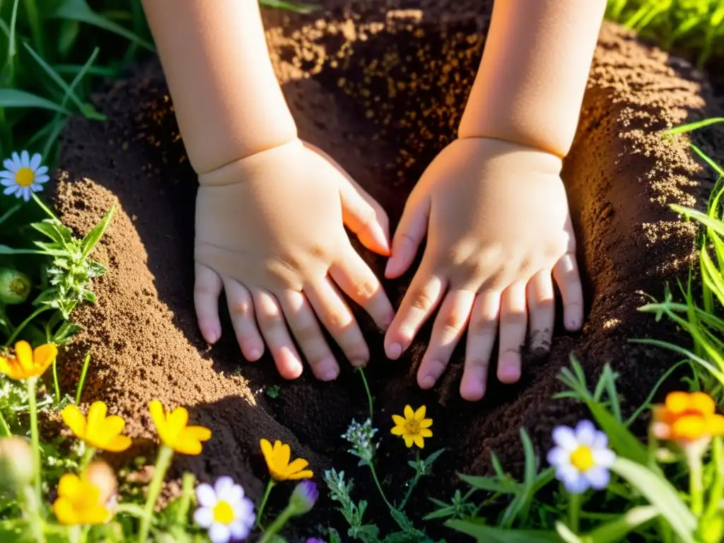 Un niño explorando la naturaleza, con las manos y rodillas cubiertas de tierra, rodeado de coloridas flores y verde pasto