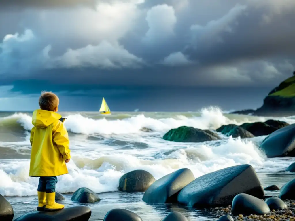 Niño en la playa rocosa con un barco de vela, fomentando resiliencia inmunidad niños