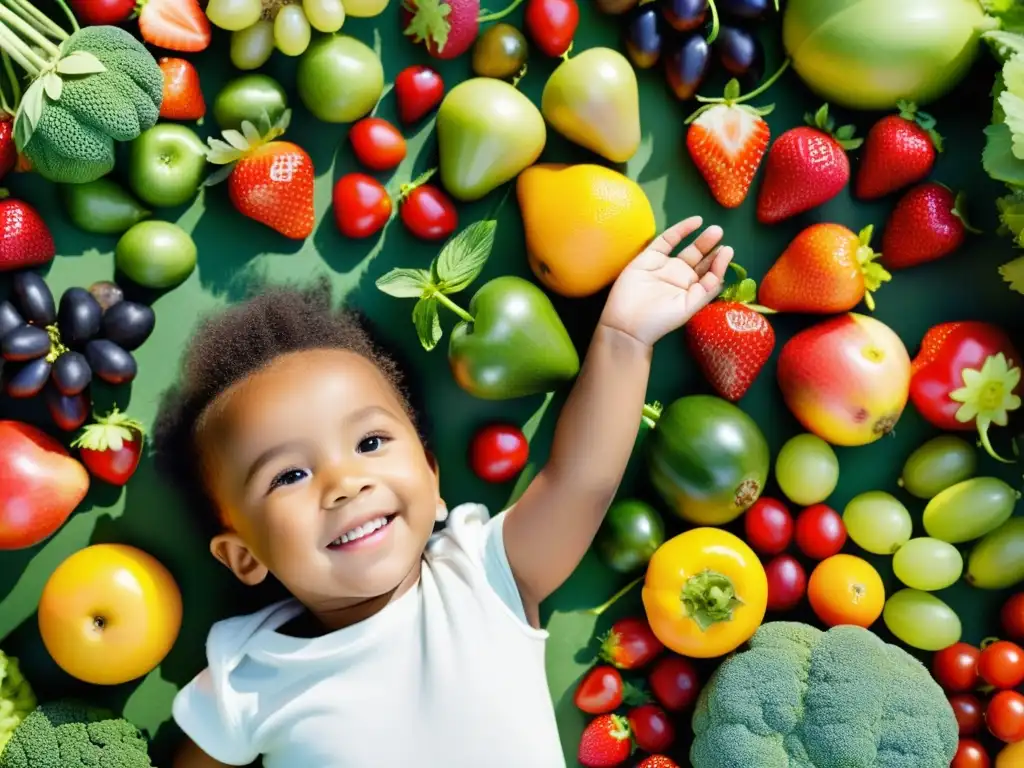 Niño rodeado de frutas y verduras vibrantes, explorando una jugosa fresa