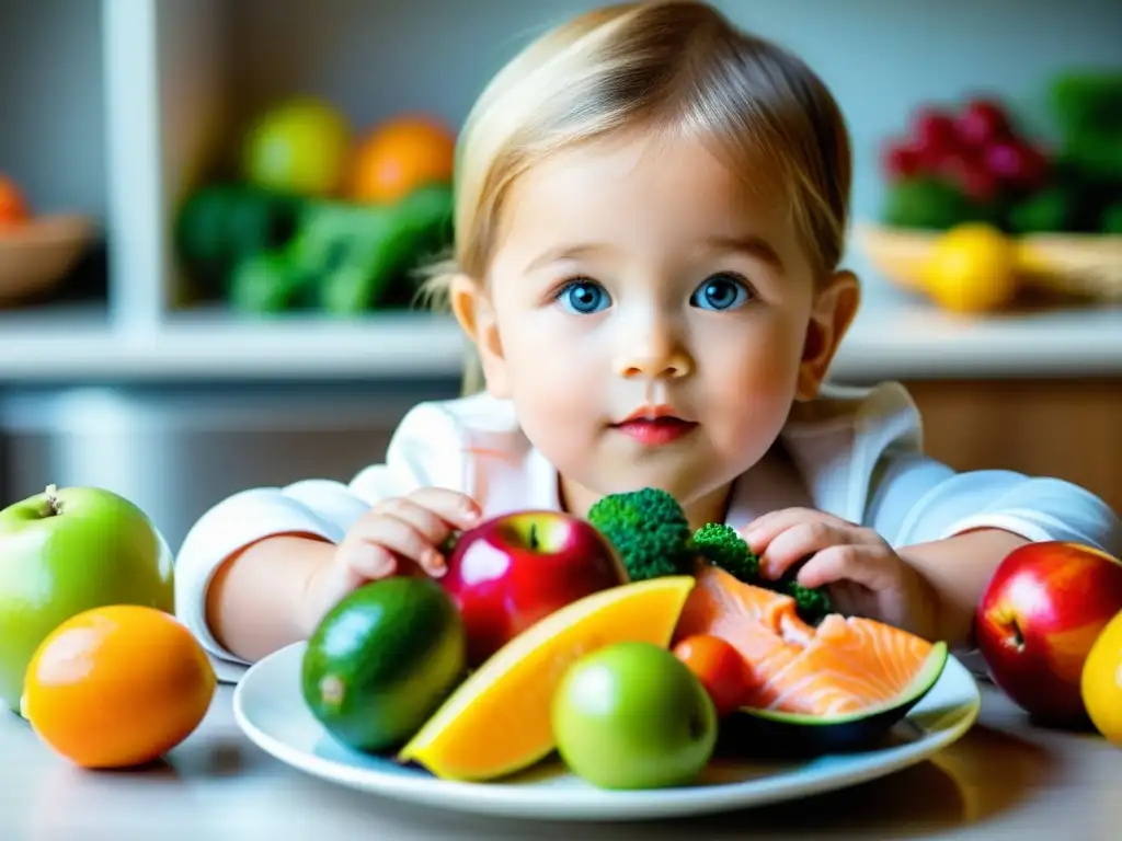 Un niño rodeado de frutas y verduras coloridas, alcanzando un trozo de salmón, con un gráfico de beneficios de ácidos grasos omega 3 en el fondo