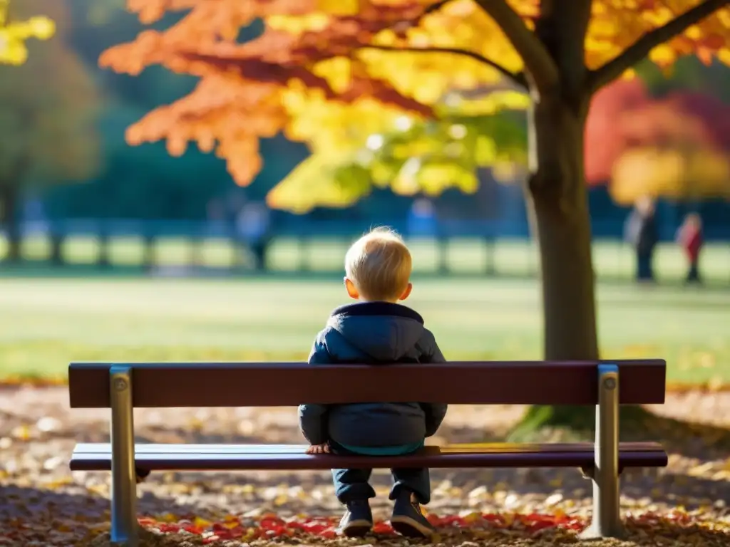 Un niño solo en el parque, rodeado de hojas otoñales