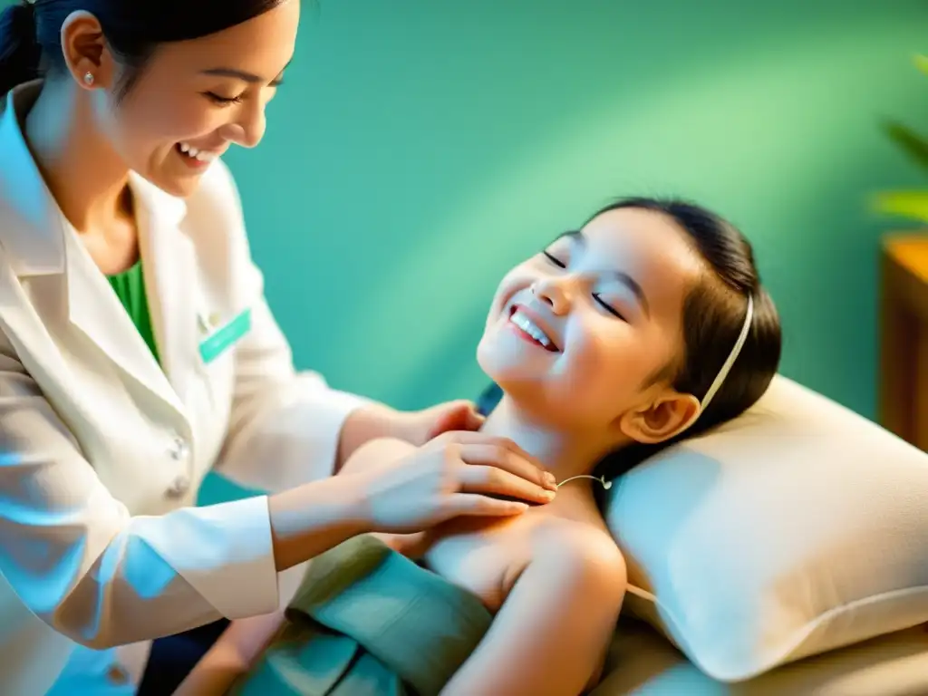 Un niño sonriente recibe acupuntura pediátrica en un entorno sereno, transmitiendo confianza y bienestar en el sistema inmunológico