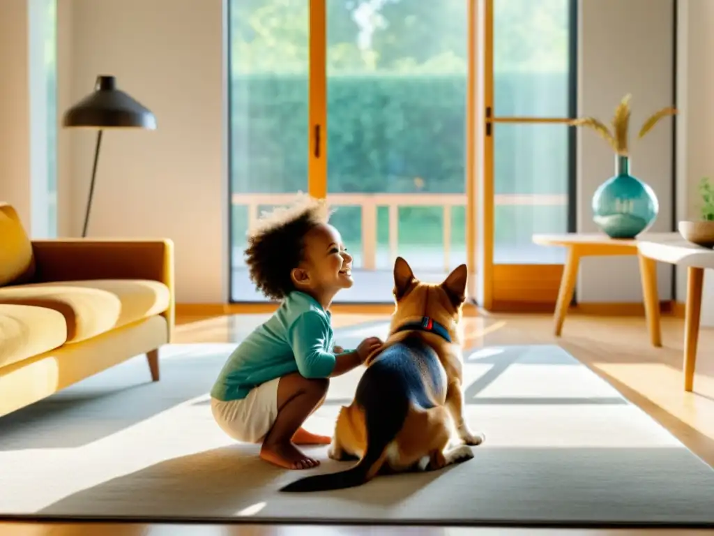 Un niño sonriente acaricia a un perro en una sala bien iluminada y limpia, transmitiendo calidez y confort