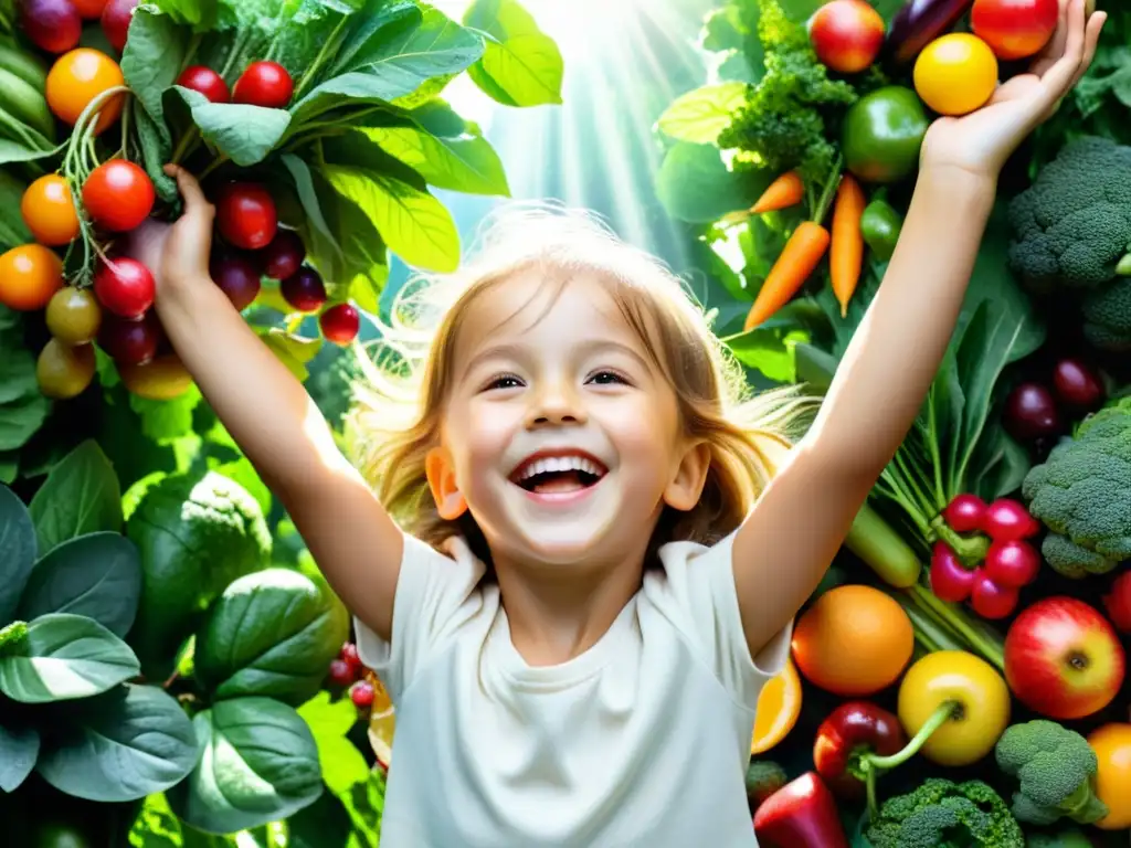 Un niño sonriente rodeado de frutas y verduras coloridas, con rayos de sol filtrándose entre las hojas