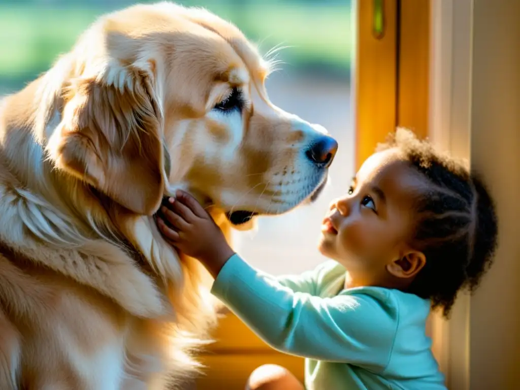 Un niño acaricia con ternura a un golden retriever, mostrando detalles ultrafinos