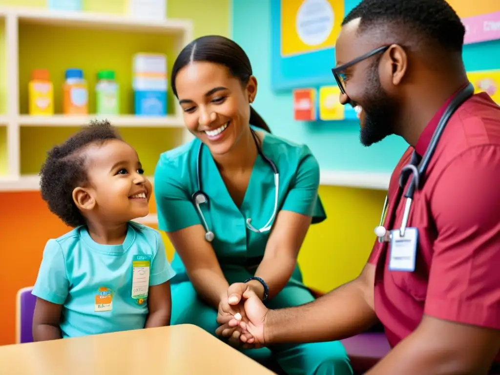 Un niño recibe vacuna en consultorio médico, con profesional de la salud sosteniendo su mano y sonriendo