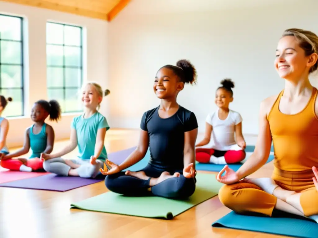 Niños disfrutando de los beneficios del yoga en un estudio luminoso y alegre, practicando posturas con sonrisas y alegría