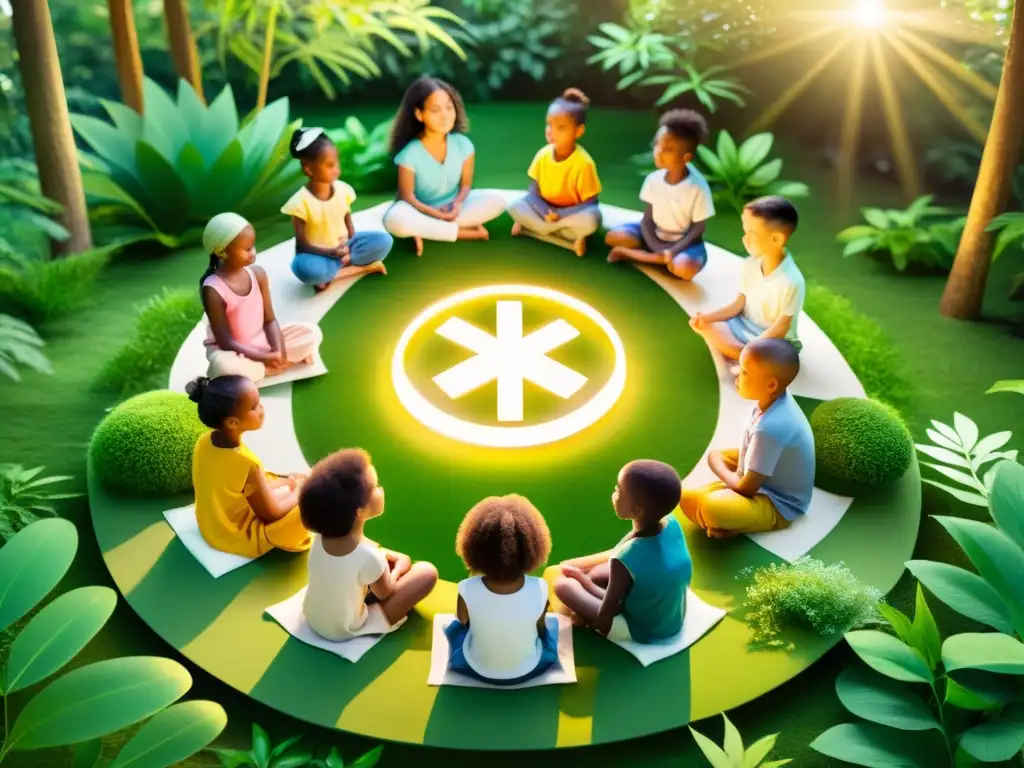 Niños meditando en círculo rodeados de naturaleza y símbolos de meditación