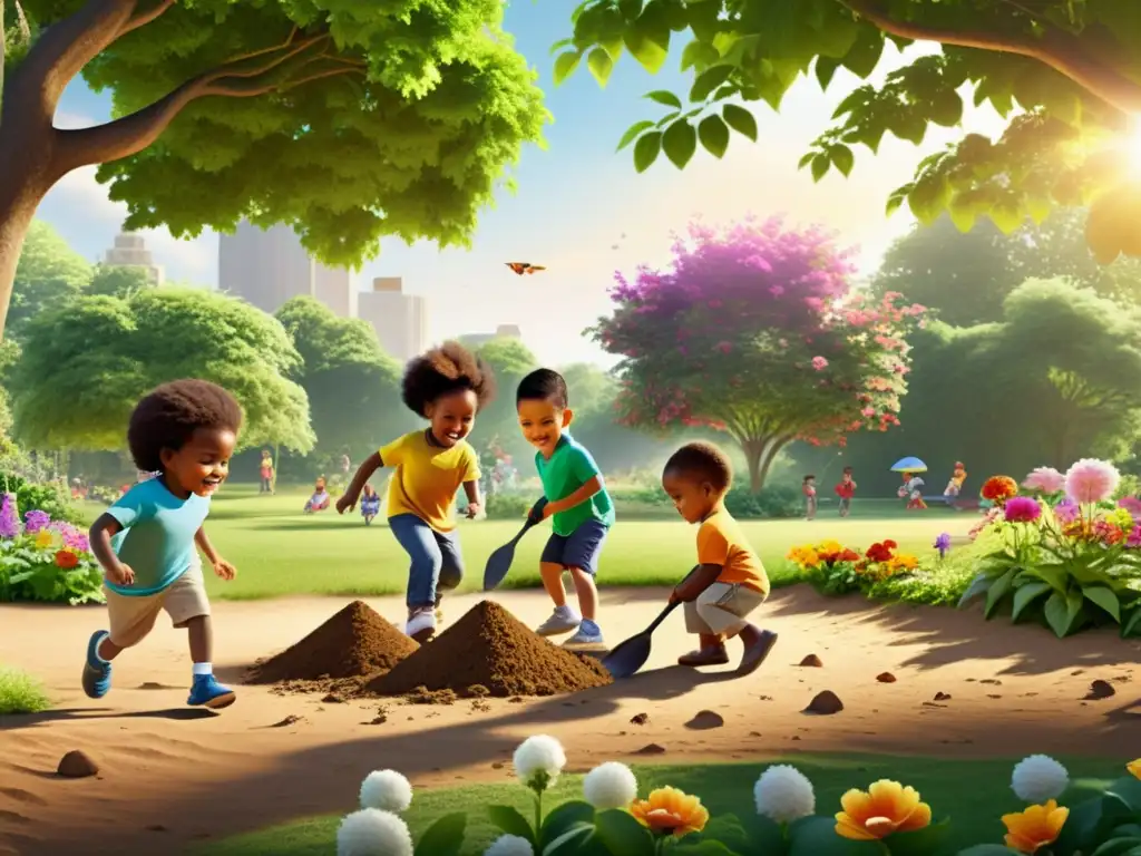 Niños diversos disfrutan al aire libre en un parque verde, jugando y explorando la naturaleza, fomentando su desarrollo inmune en la infancia