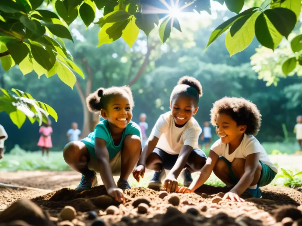 Niños de diferentes edades y razas juegan felices al aire libre en un entorno natural, rodeados de árboles y plantas