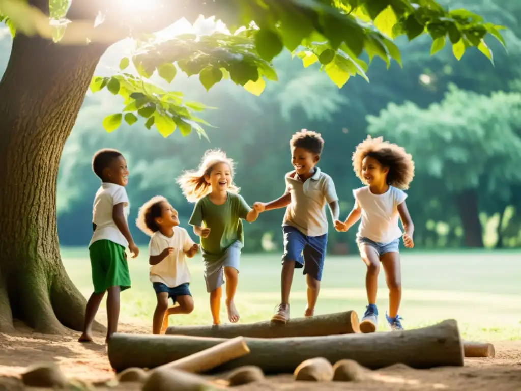 Niños felices jugando al aire libre en un entorno natural, reflejando la importancia del manejo del estrés infantil en el sistema inmunológico