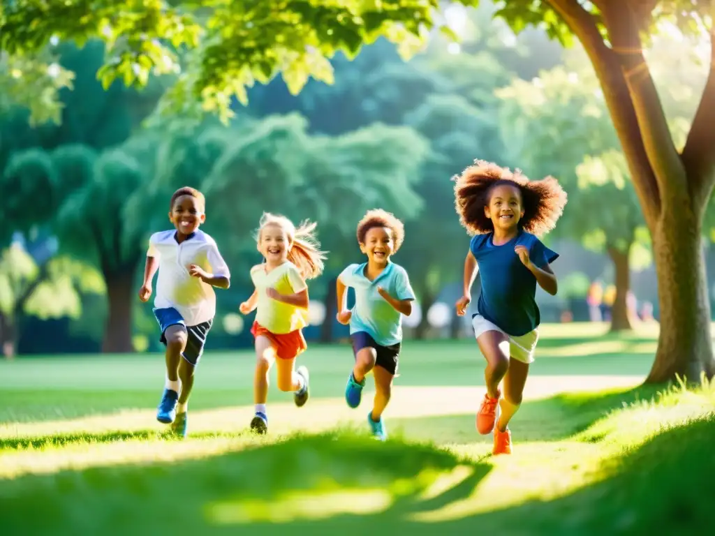 Niños felices jugando al aire libre en un hermoso parque, fortaleciendo su inmunidad a través de la actividad física y la diversión al aire libre