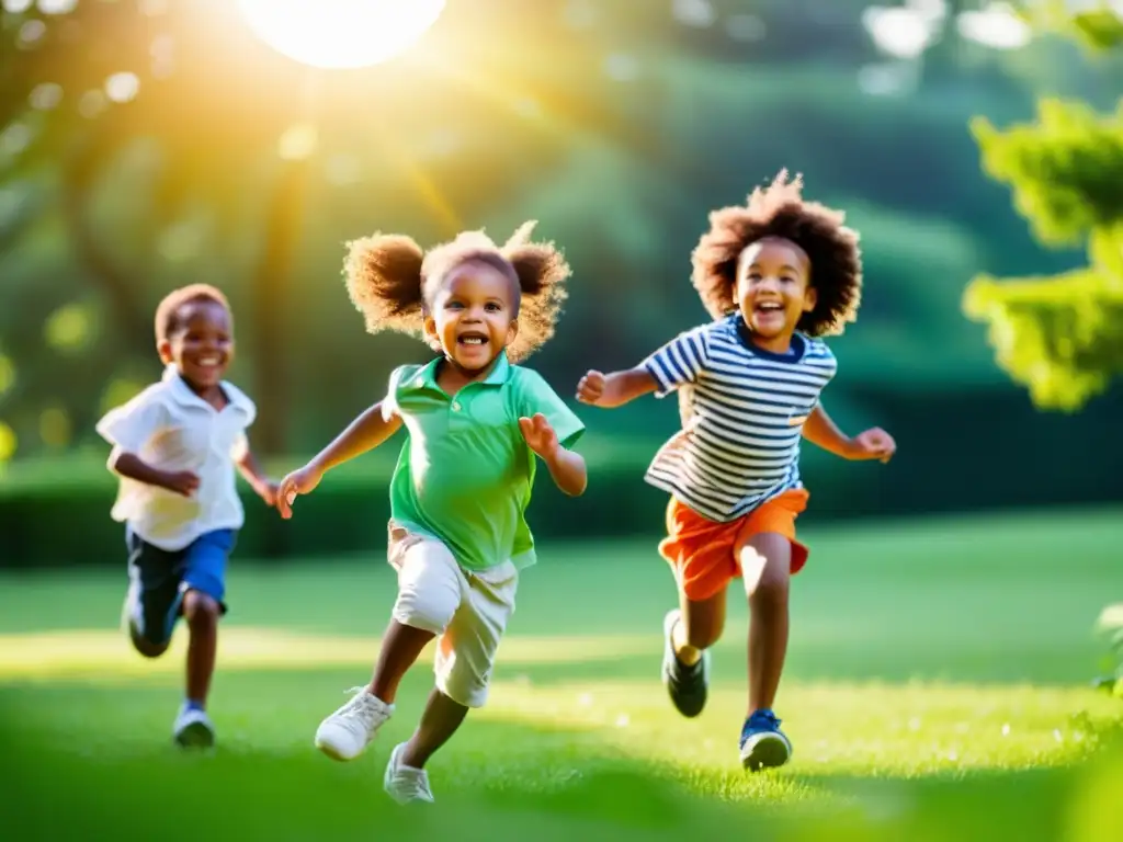 Niños felices jugando al aire libre en un entorno natural, potenciando su sistema inmune ante epidemias