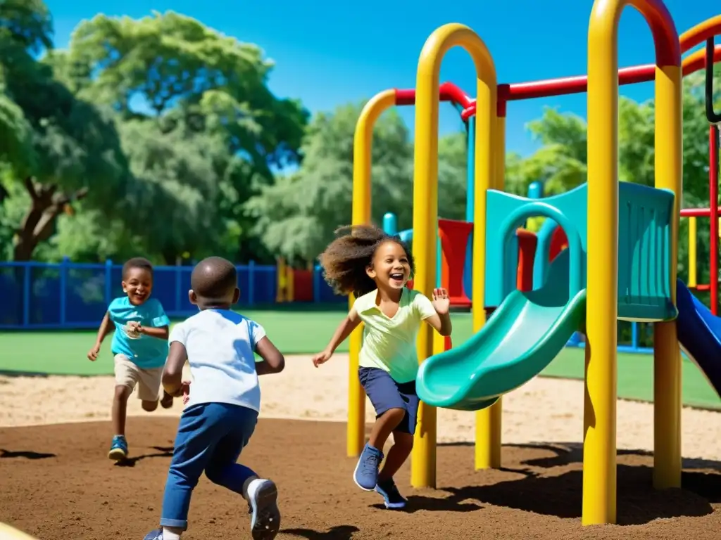 Niños diversos juegan felices en un colorido parque, rodeados de árboles verdes y cielo azul