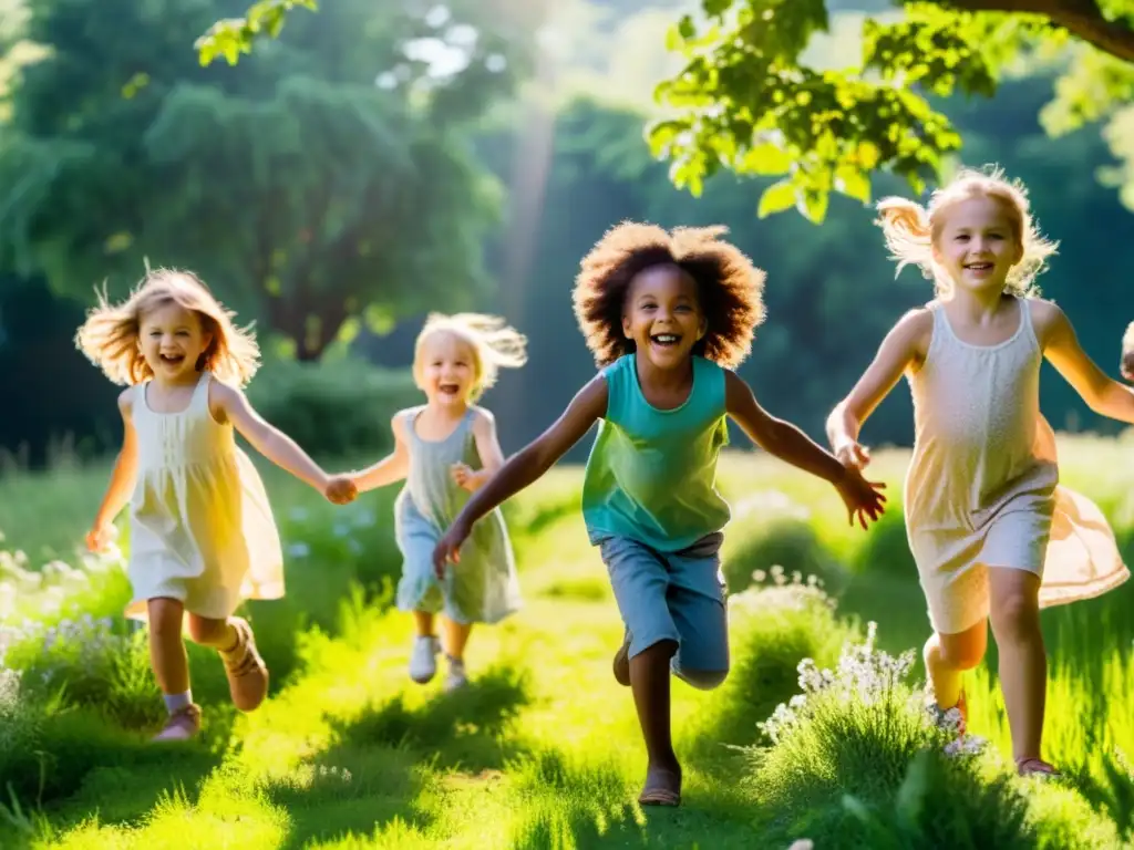 Niños felices explorando la naturaleza en un campo verde, fomentando el desarrollo inmune en la infancia