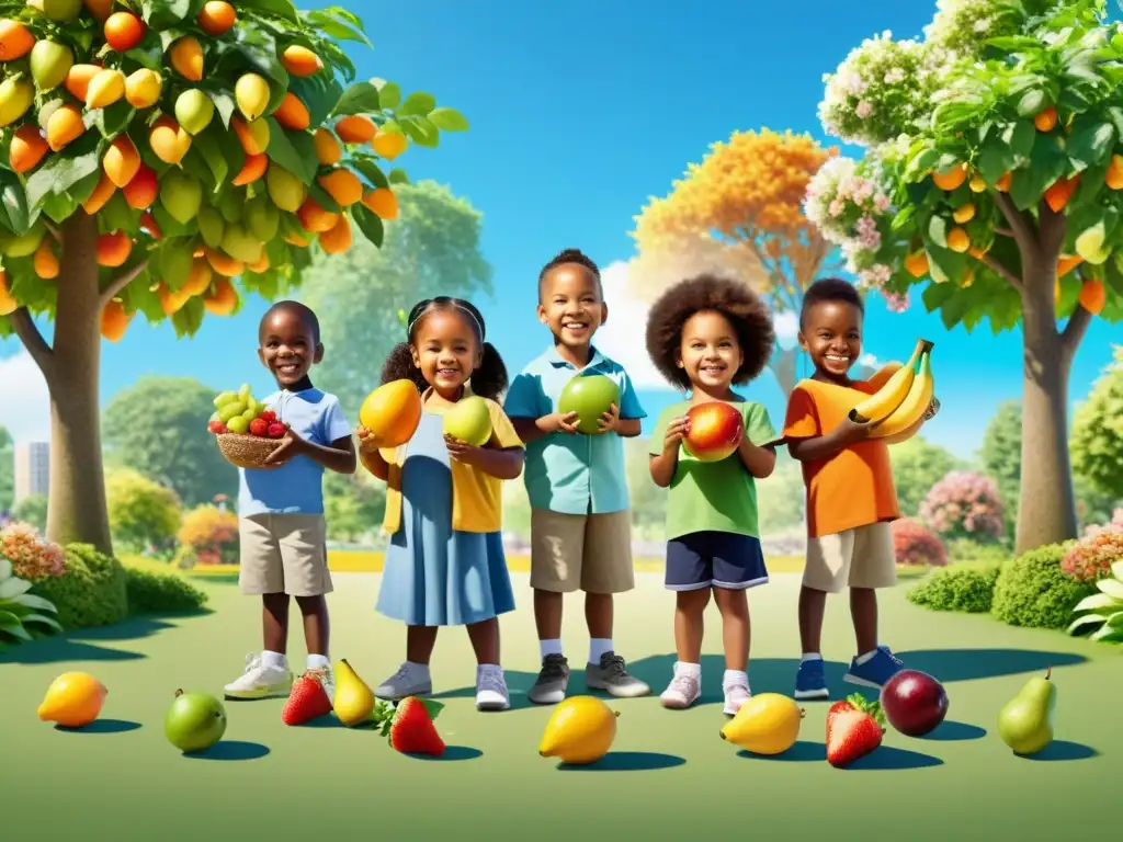 Niños felices jugando en un parque con frutas, rodeados de naturaleza