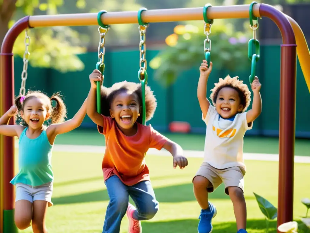 Niños felices jugando en un parque verde, mostrando vitalidad y alegría, clave para mejorar la inmunidad en niños