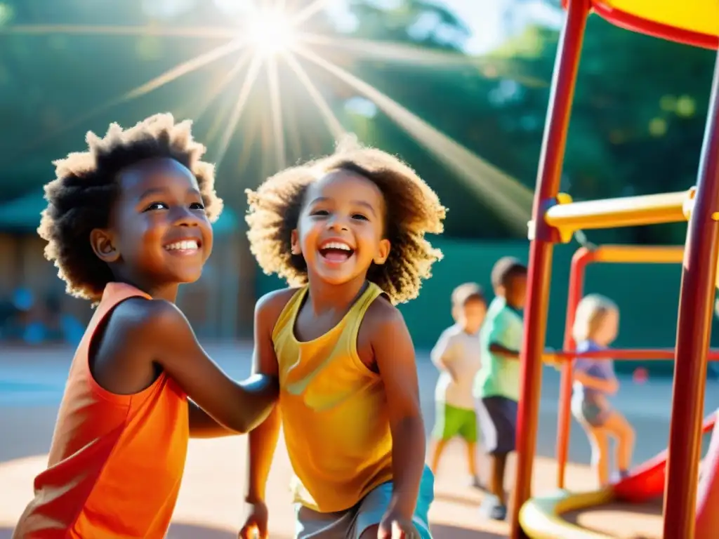 Niños felices juegan al sol con protección para su inmunidad