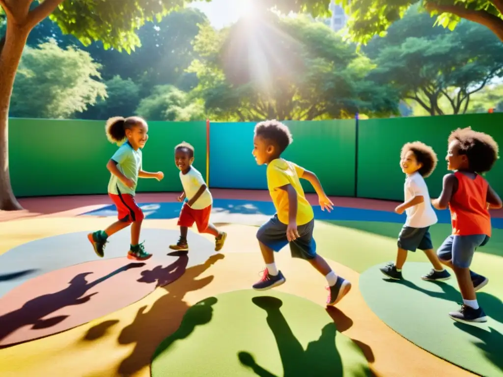 Niños diversos juegan felices en un vibrante parque, celebrando la importancia del sistema inmunológico en niños