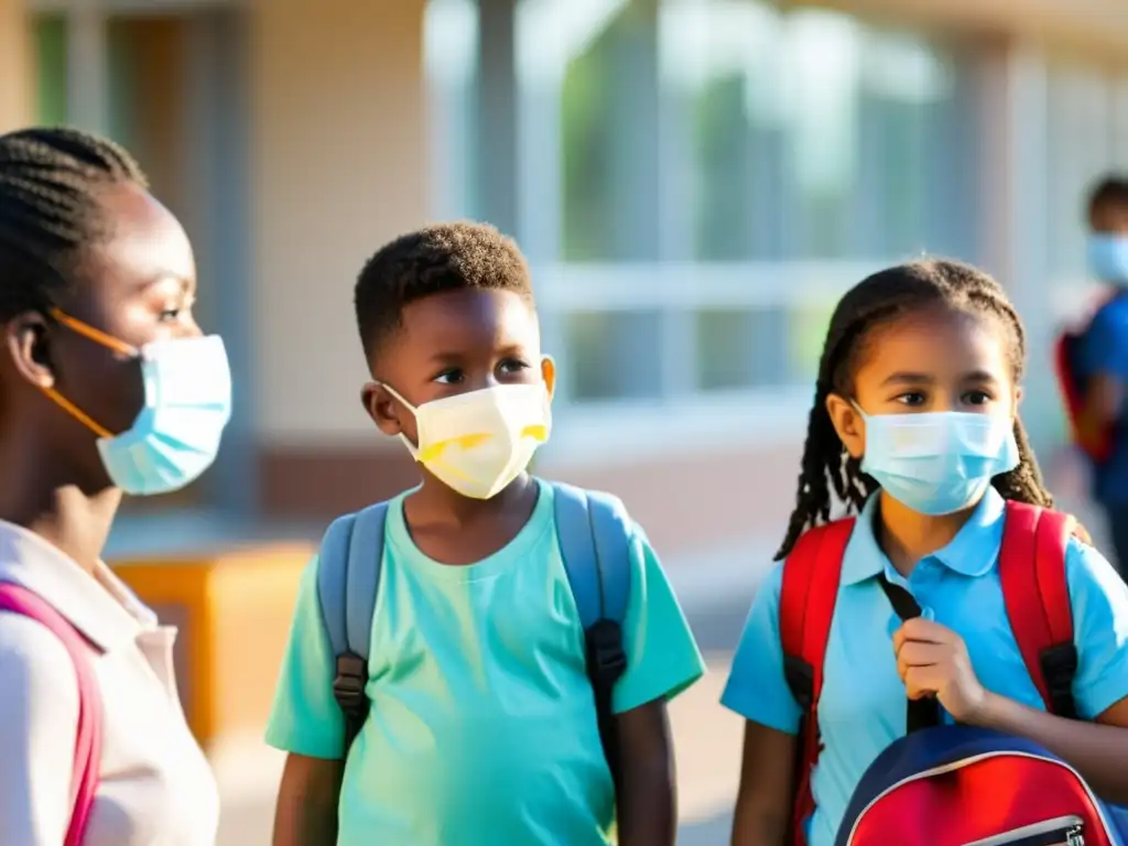 Niños con mascarillas mantienen medidas preventivas temporada gripe al entrar a la escuela bajo el cálido sol