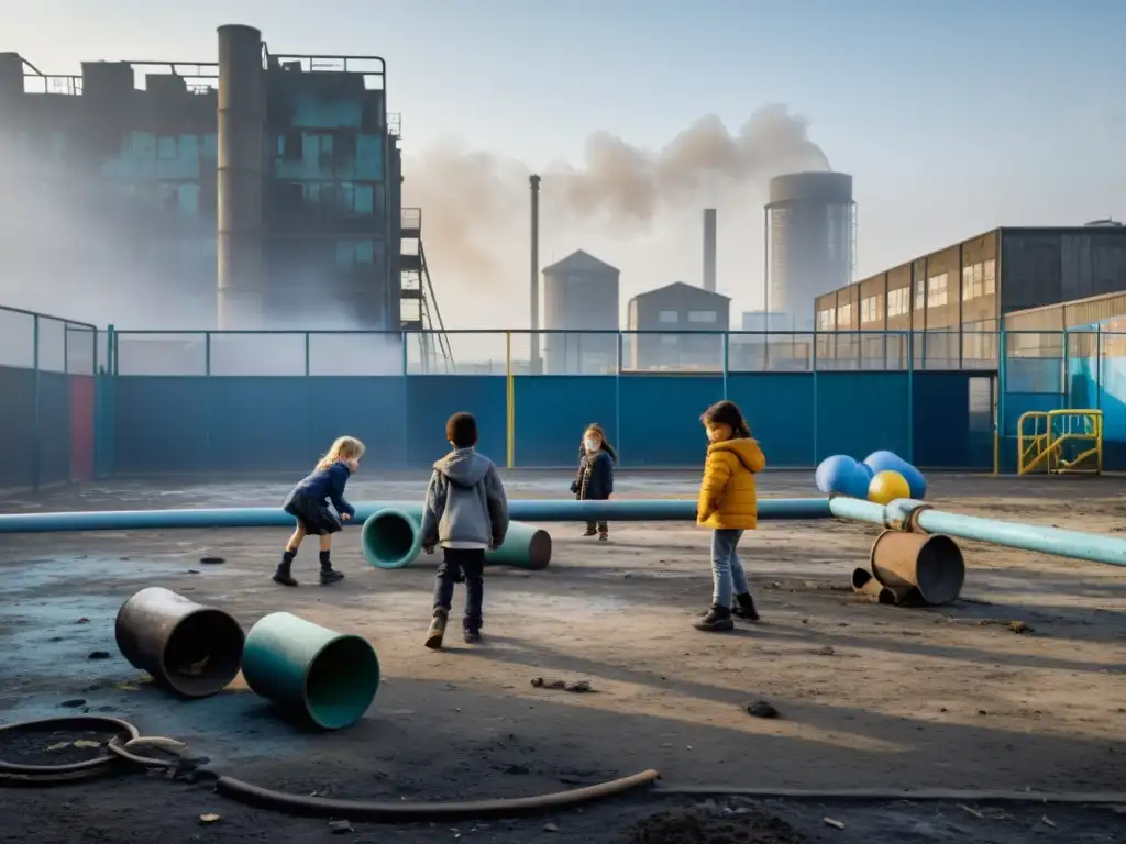 Niños jugando en un parque urbano desfavorecido, con contaminación ambiental y signos de inmunosupresión evidentes