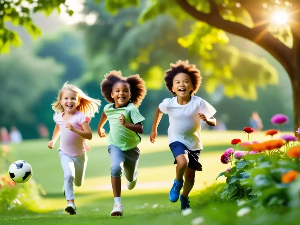 Niños sanos y felices disfrutando al aire libre en un parque verde, rodeados de flores vibrantes