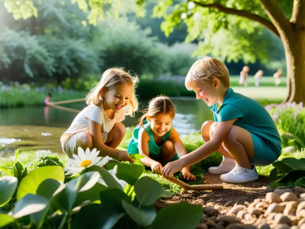 Niños jugando y fortaleciendo su sistema inmunológico en un parque natural lleno de vida