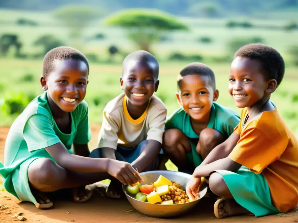 Niños sonrientes comparten comida en una aldea africana, resaltando la importancia de la nutrición en el sistema inmunológico