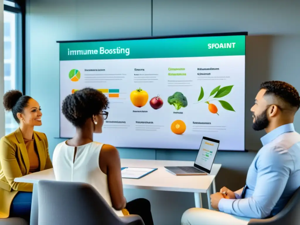 Una nutricionista señala un diagrama del sistema inmunológico a un grupo diverso que escucha y toma notas en una oficina moderna