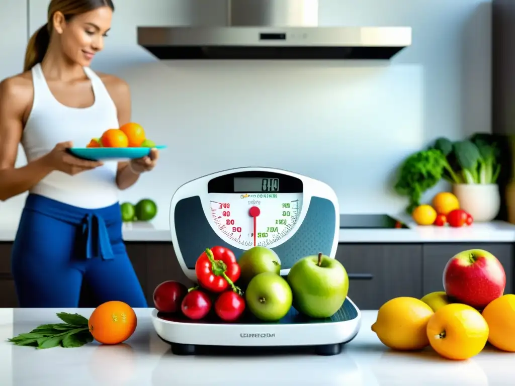 Nutricionista pesando frutas, verduras y proteínas frescas en una balanza de cocina moderna, transmitiendo precisión y enfoque en la dieta personalizada para el sistema inmunológico