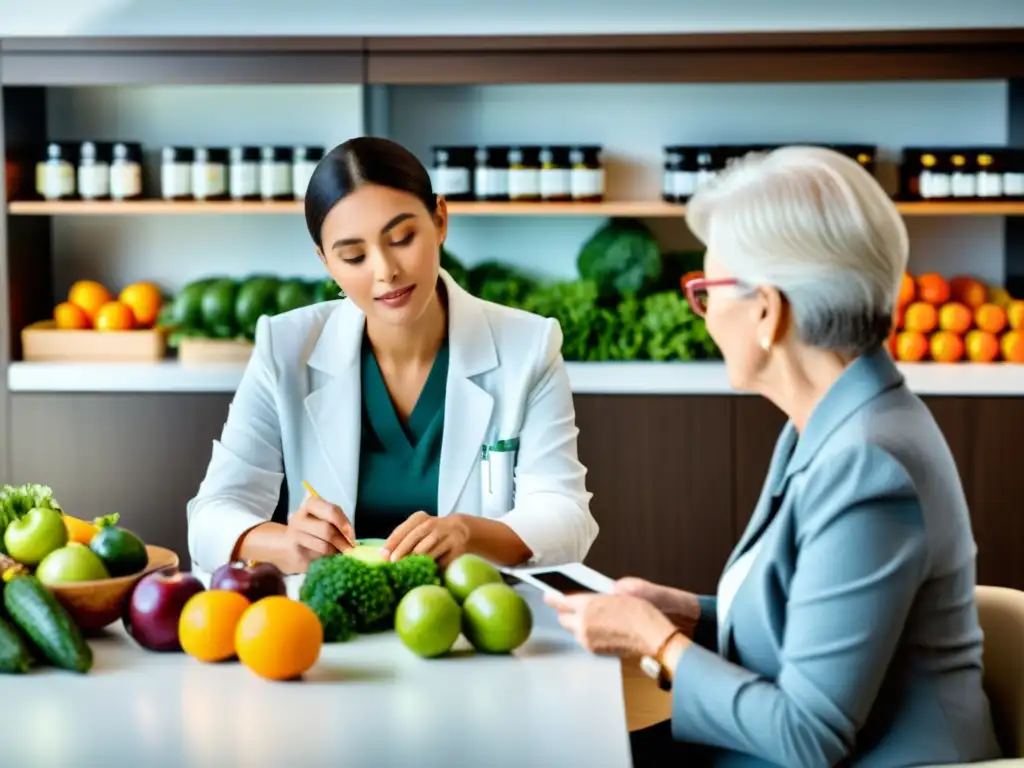 Un nutricionista profesional planifica una dieta personalizada para un adulto mayor, rodeado de alimentos frescos y suplementos