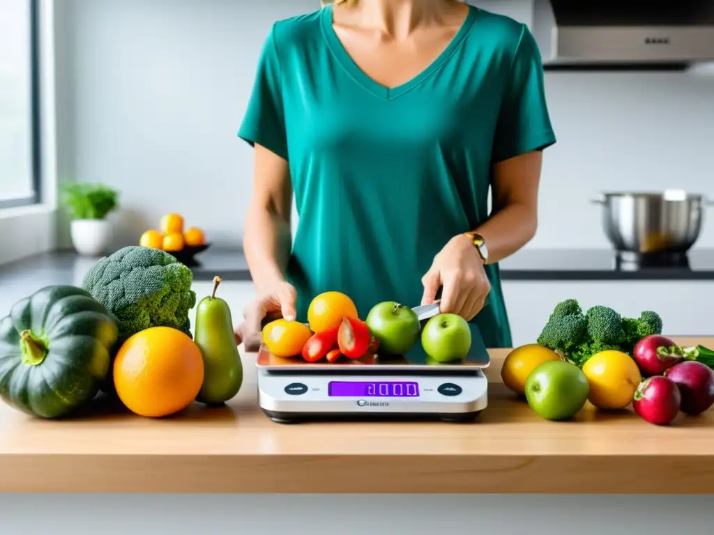 Una nutricionista profesional mide frutas y verduras frescas en una balanza de cocina, con luz natural