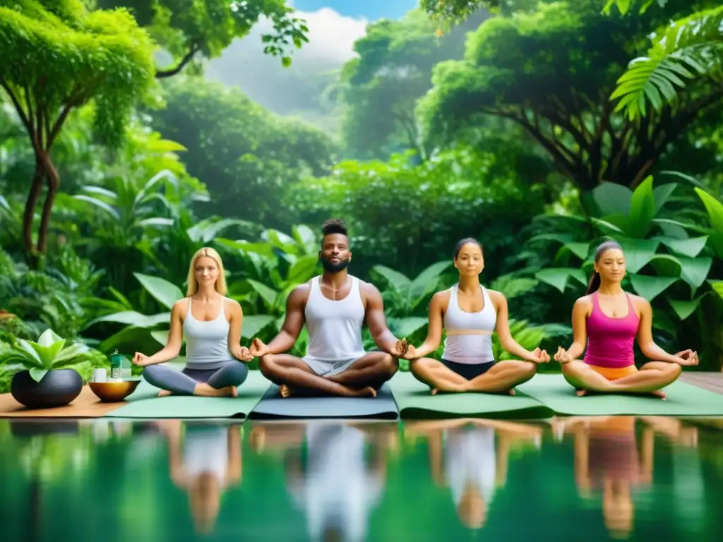 Un oasis de bienestar: personas diversas practican yoga, meditación y toman suplementos para autoinmunidad en un entorno natural sereno