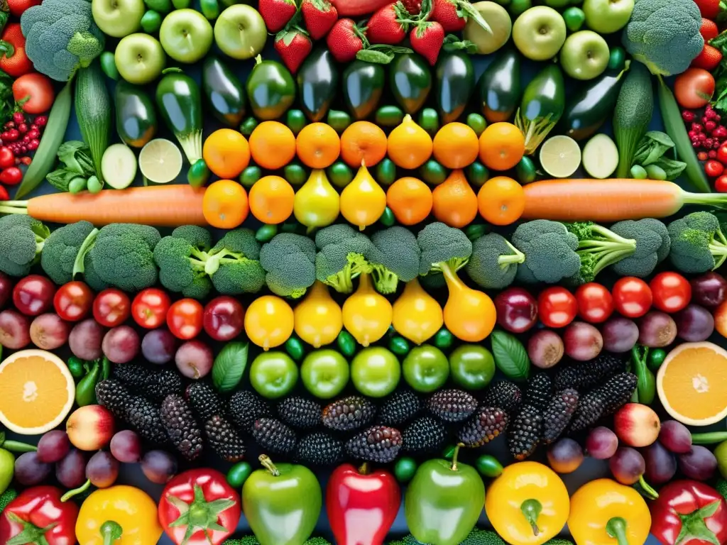 Una obra maestra de frutas y verduras en un patrón simétrico, irradiando vitalidad y diversidad